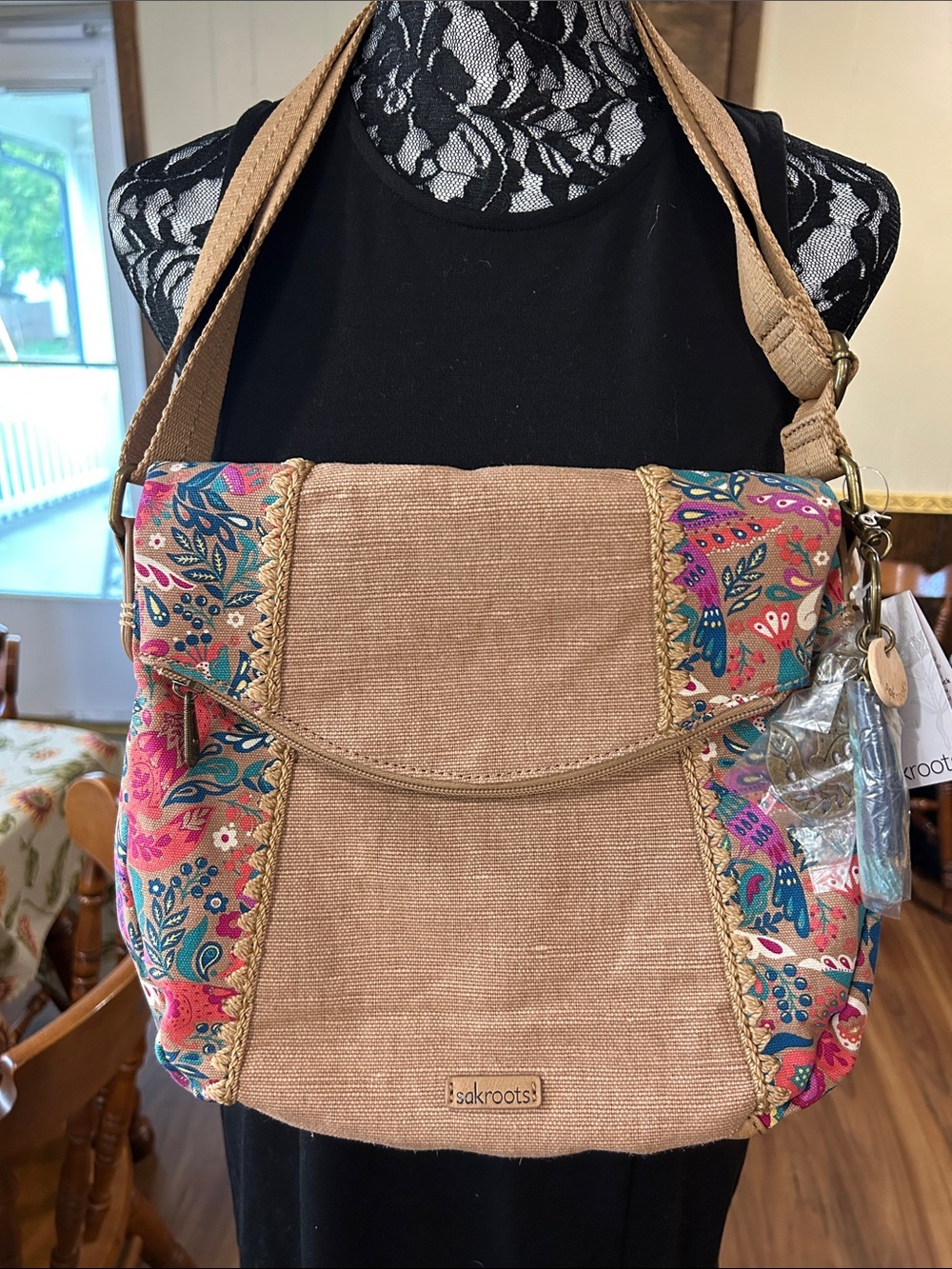 Sakroots Tan Canvas Shoulder Bag with Pink, Blue & Green Floral Panels